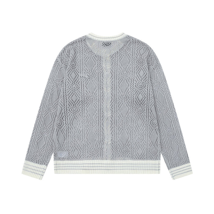 Gray open-knit cardigan back featuring an allover diamond texture and cream striped ribbed hem and cuffs
