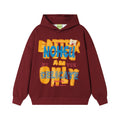 Men's oversized pullover hoodie with bold graffiti-style letter graphic print and bear patch in burgundy colorway