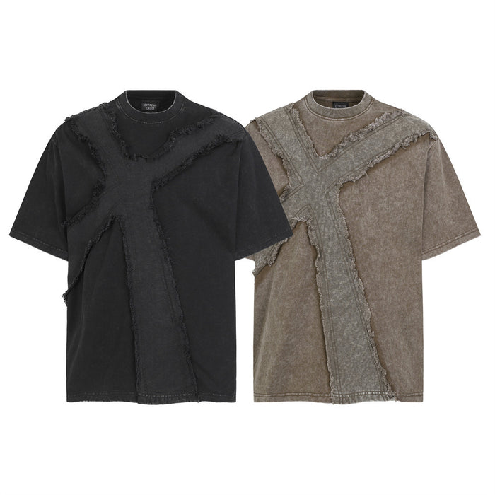 Men's oversized washed cotton t-shirt with frayed cross patchwork design in black and brown colorways