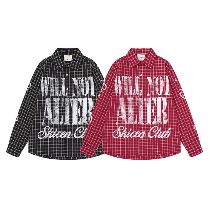 Black and red plaid long-sleeve shirts shown from the front with distressed white lettering graphics
