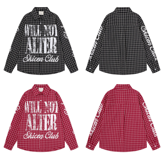 Black and red plaid shirts shown in front and back views with white sleeve lettering and front graphics