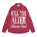 Red plaid button-front shirt with distressed white lettering and script graphic across the chest