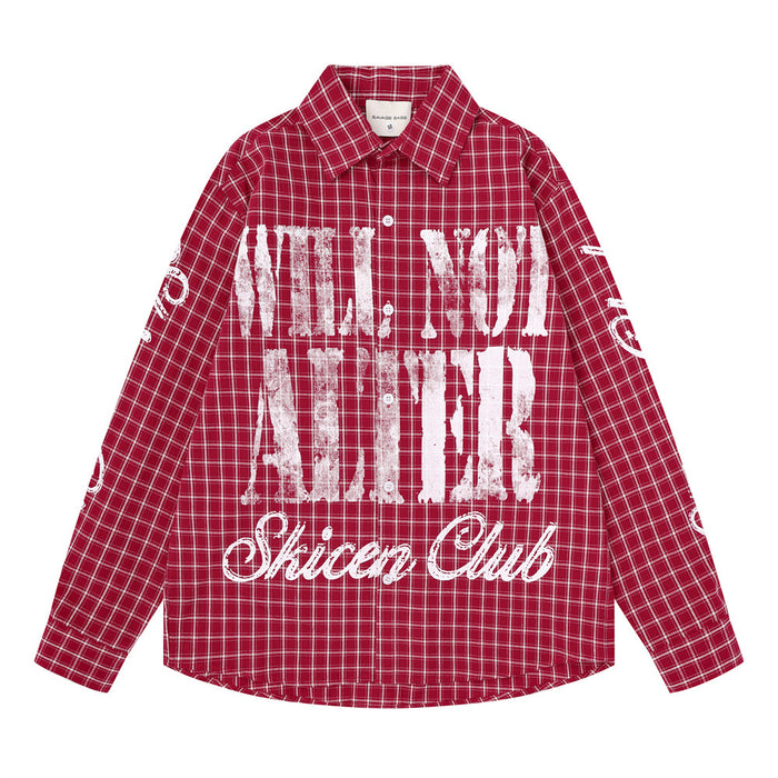 Red plaid button-front shirt with distressed white lettering and script graphic across the chest