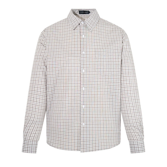 Men's relaxed-fit plaid long-sleeve button-up shirt in wheat check, front view