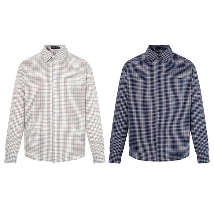 Men's plaid button-up shirts in light beige and navy, shown front view side by side