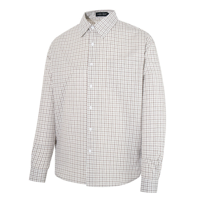 Light beige plaid long-sleeve button-up shirt, front view with chest pocket