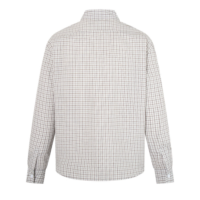 Light beige plaid long-sleeve shirt, back view with button cuffs