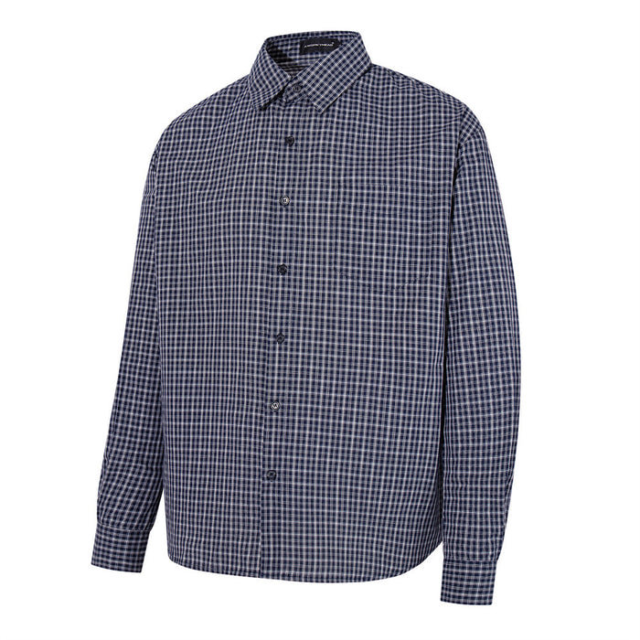 Navy plaid long-sleeve shirt, front view with chest pocket and dark buttons