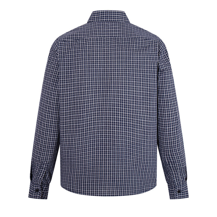 Navy plaid long-sleeve shirt, back view with button cuffs