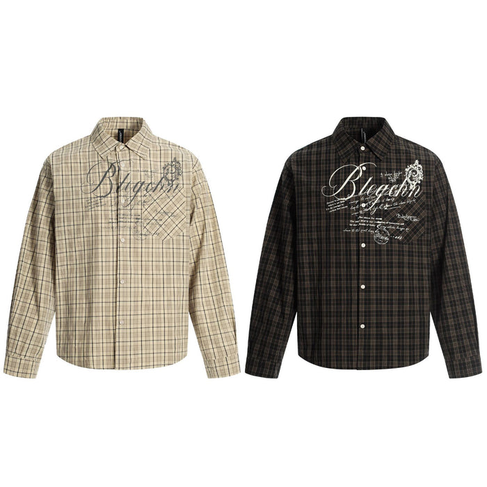 Front view of beige and black plaid long-sleeve shirts with large vintage script chest graphics