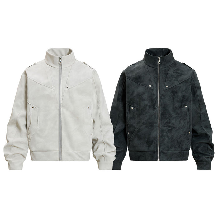 Two stand-collar bomber jackets in distressed suede-textured PU leather, shown in light gray and black front views