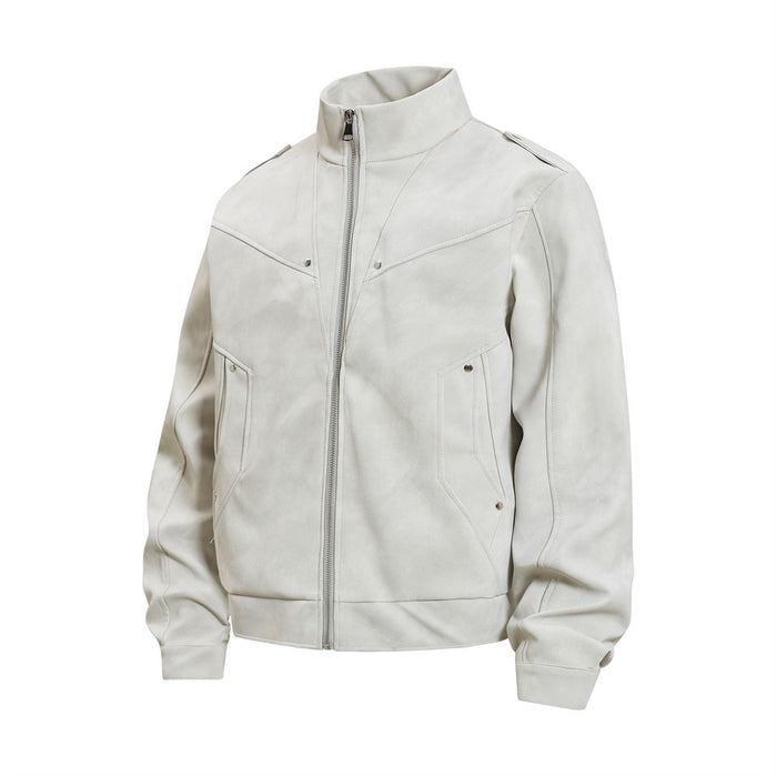 Light gray distressed suede-textured PU leather bomber jacket shown from the front at a slight angle