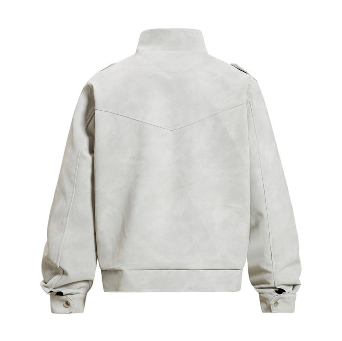 Light gray bomber jacket shown from the back, featuring a stand collar, shoulder seams, and ribbed hem