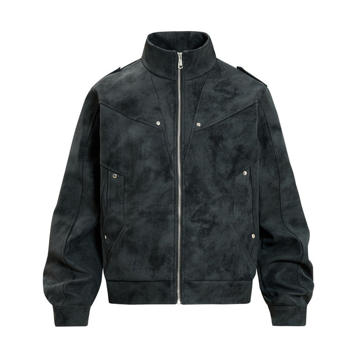 Black distressed suede-textured PU leather bomber jacket shown in a straight-on front view