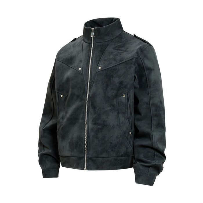 Black suede-textured PU leather bomber jacket shown from a three-quarter front angle with zip closure and pockets