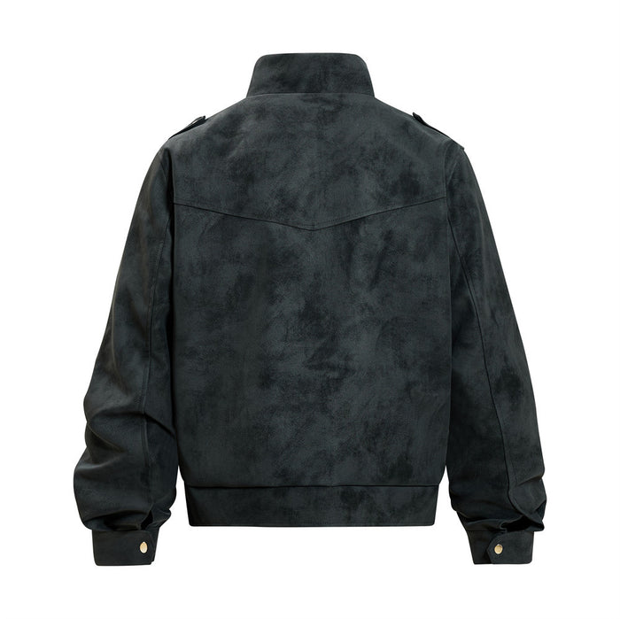 Black bomber jacket shown from the back, with a stand collar, yoke seam, sleeves, and ribbed hem