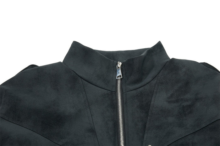 Close-up of the black bomber jacket stand collar and upper front zipper with suede-textured surface