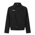 Men's short black asymmetric jacket with silver airplane clasp and diagonal placket, spread collar and elasticated hem, front