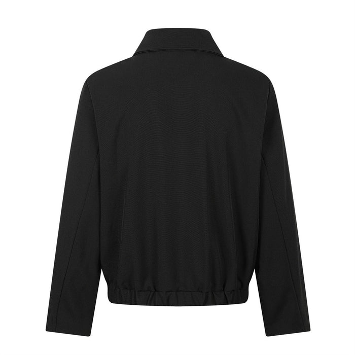 Black short jacket back view with high collar and elastic hem