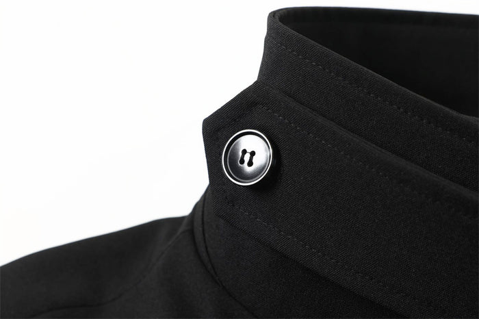 High black stand collar with silver airplane clasp detail