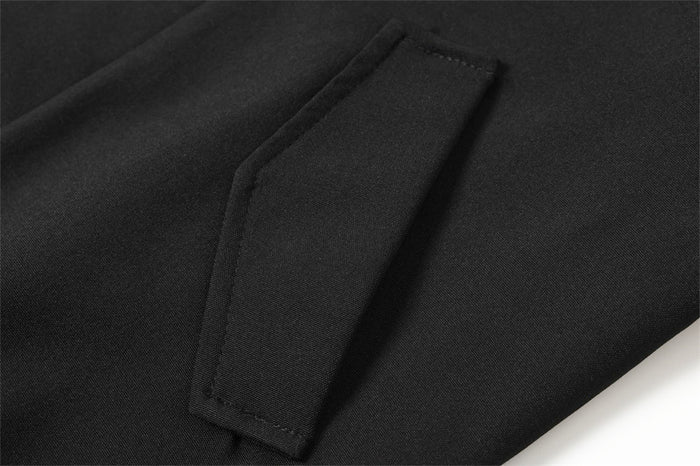 Black jacket sleeve pocket flap detail close-up