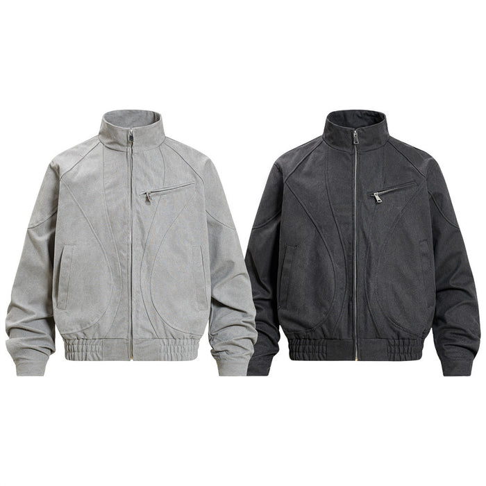 Stand-collar bomber jackets in light gray and black with sculptural seam details and zippered pockets