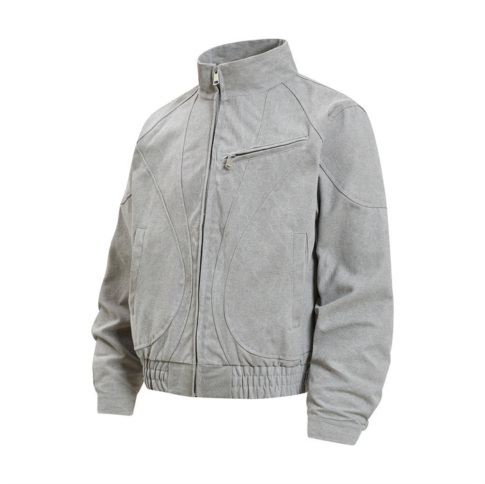 Light gray stand-collar bomber jacket in angled front view with curved seam panels and zippered chest pocket