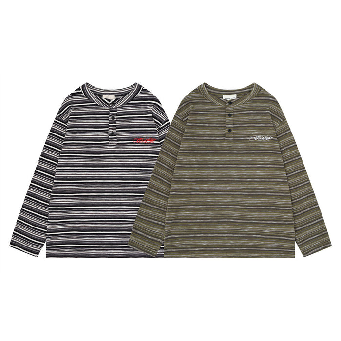 Two striped long-sleeve knit henley shirts shown from the front in black and olive colorways