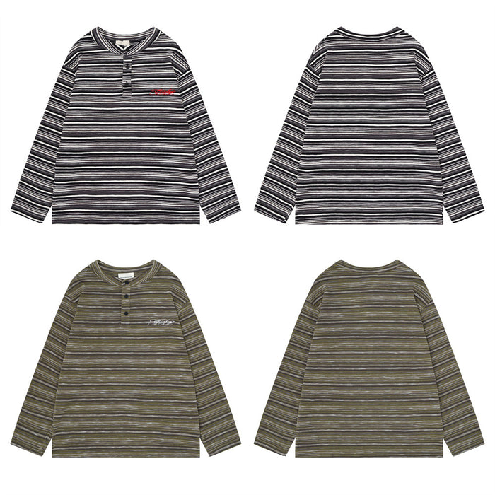 Black and olive striped long-sleeve henley shirts shown in front and back views