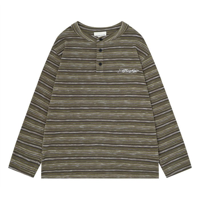 Olive, gray, and white striped long-sleeve knit henley shirt with button placket and chest embroidery
