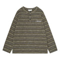 Olive, gray, and white striped long-sleeve knit henley shirt with button placket and chest embroidery