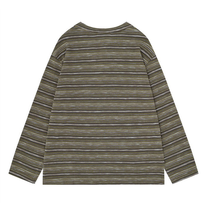 Back view of an olive, gray, and white striped long-sleeve knit henley shirt