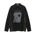 Black long sleeve polo shirt with varsity number 19 graphic and olive camo mesh side panels, front view