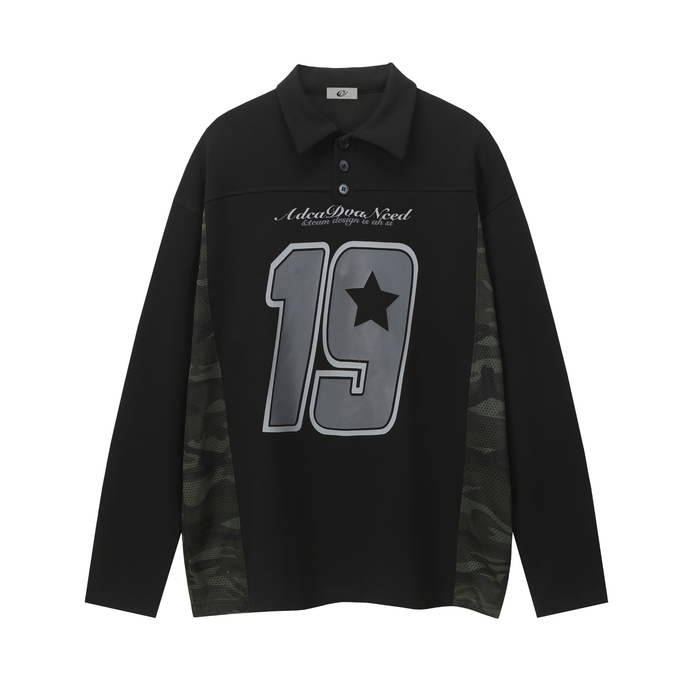 Black long sleeve polo shirt with varsity number 19 graphic and olive camo mesh side panels, front view