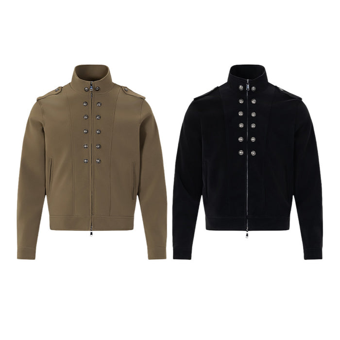 Front view of olive brown and black stand-collar jackets with double rows of decorative buttons