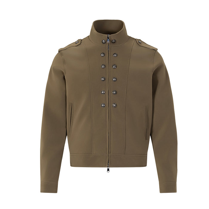Military-style stand collar zip jacket with double-breasted ornate button detail in khaki, front view
