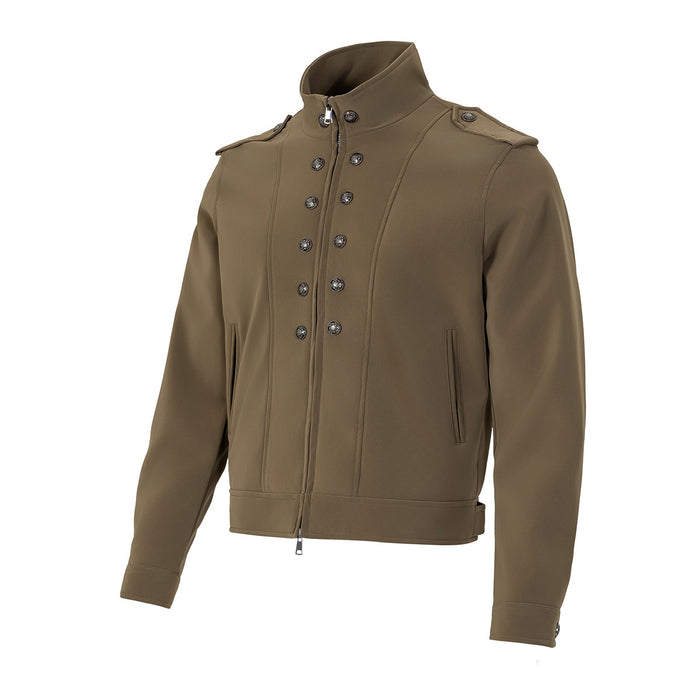 Three-quarter front view of an olive brown jacket with stand collar, shoulder tabs, zipper and button rows