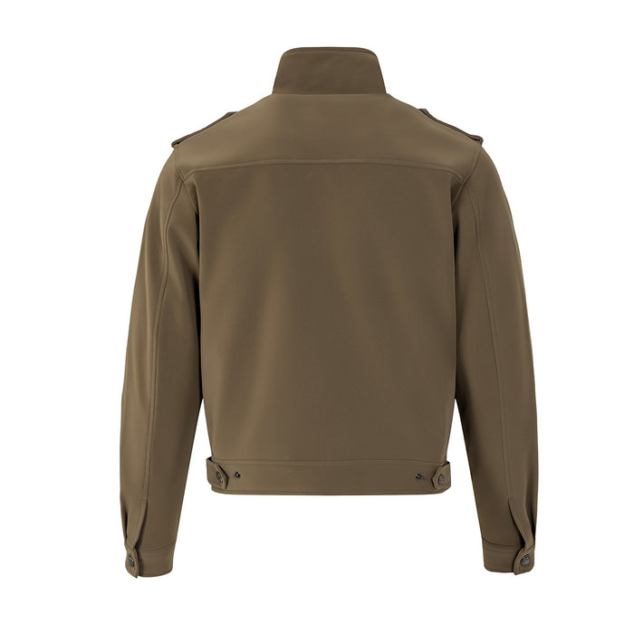 Back view of an olive brown stand-collar jacket with shoulder tabs, adjustable hem tabs and buttoned cuffs