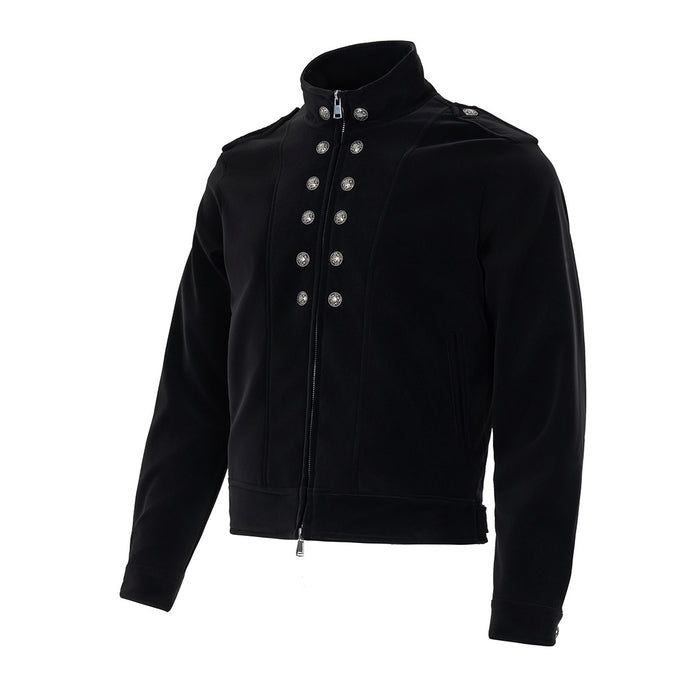 Three-quarter front view of a black jacket with stand collar, shoulder tabs, decorative buttons and zip closure