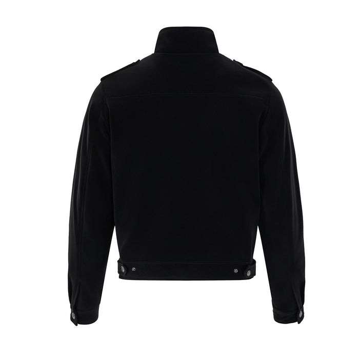 Back view of a black stand-collar jacket with shoulder tabs, adjustable hem tabs and buttoned cuffs