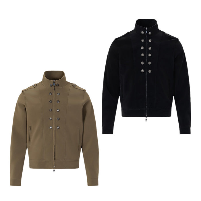 Front view showing olive brown and black stand-collar jackets with double-breasted button details