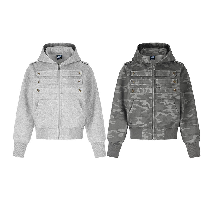 Front view of star-studded zip-up hoodie jacket in heather gray and gray camouflage patterns