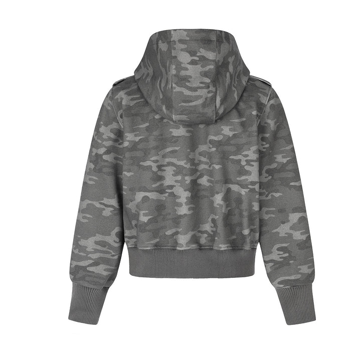 Back view of the gray camouflage zip-up hoodie jacket with hood and ribbed waistband