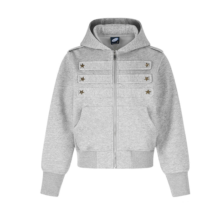 Front view of the heather gray zip-up hoodie jacket with star-studded chest tabs and hood