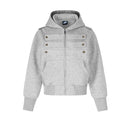 Front view of the heather gray zip-up hoodie jacket with star-studded chest tabs and hood