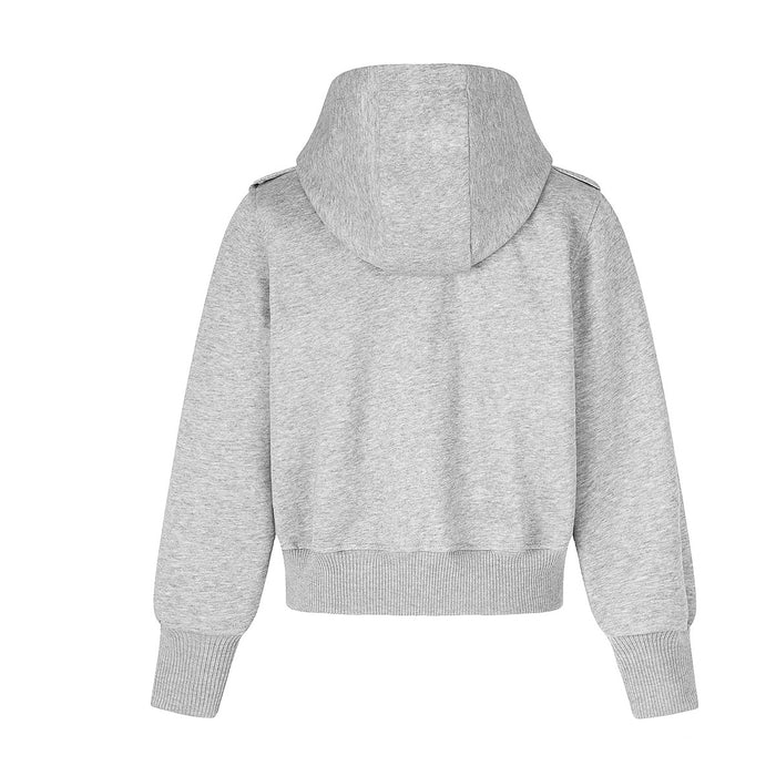 Back view of the heather gray hoodie jacket showing the plain fabric, hood, and ribbed hem