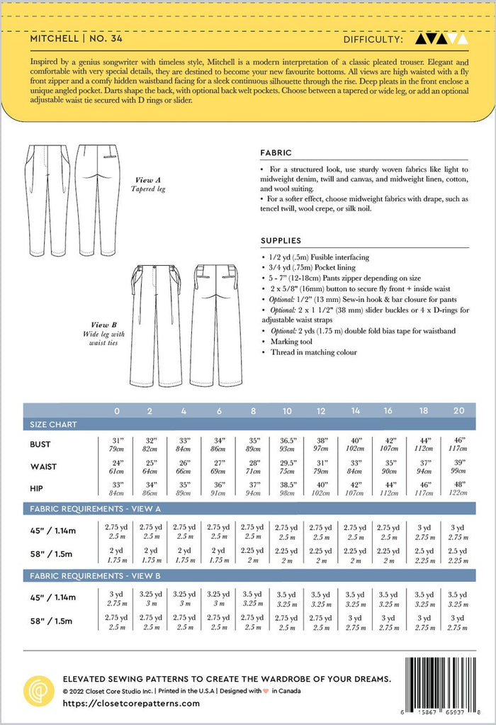 Mitchell Trouser Pattern (0 - 20) - Closet Core Patterns - Simplifi Fabric