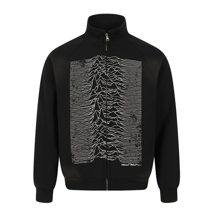 Men's black full-zip mock neck sweatshirt jacket with large white abstract wave graphic print on the front