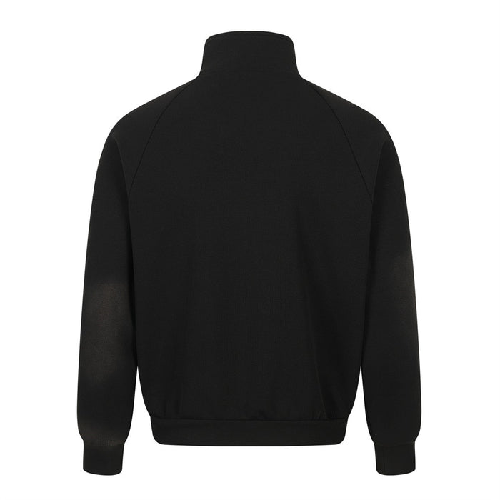 Black mock neck full-zip sweatshirt jacket, back view