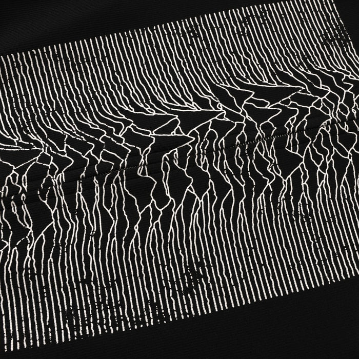 Abstract white wave print on black sweatshirt jacket fabric